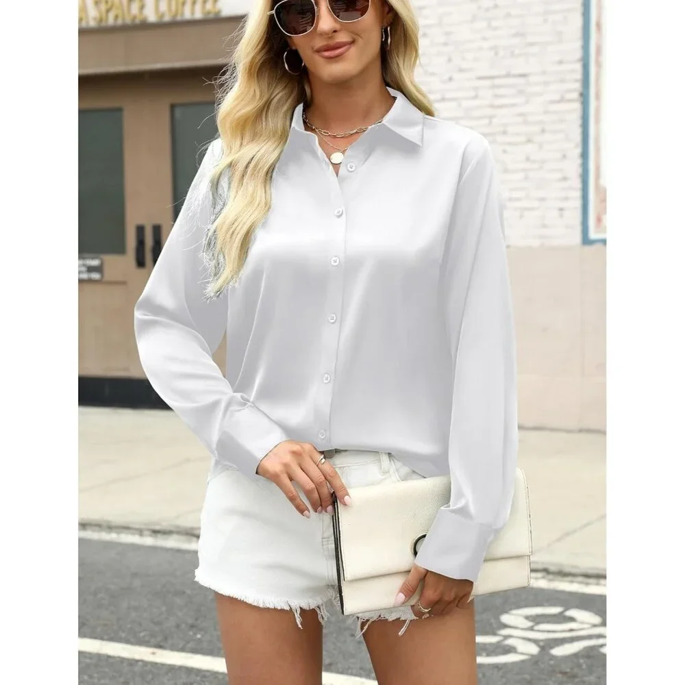 Satin  AA-white Blouses For Women Silk Button Shirts Long Casual Tops - Picture 3 of 7